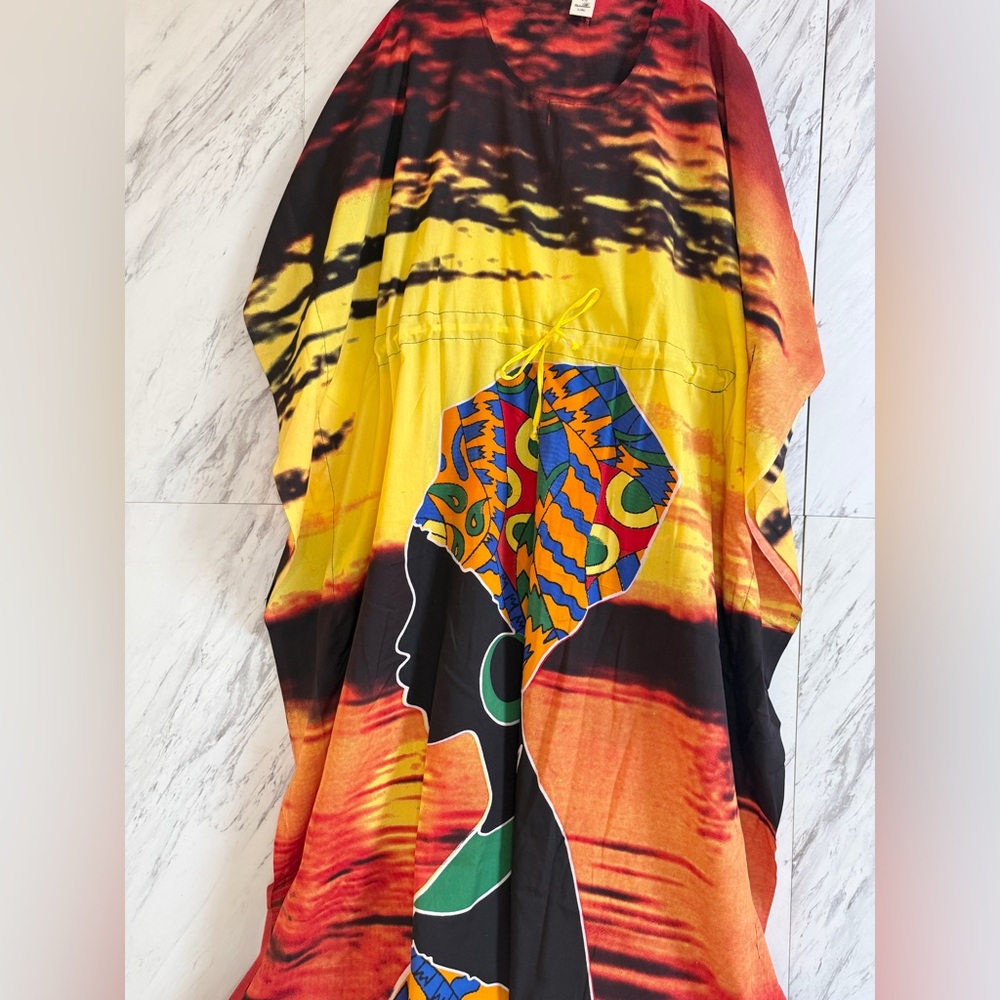 Riviera Sun African Gele Goddess Sunset Graphic Long Maxi Cover Up Kaftan SZ XL - Picture 2 of 8